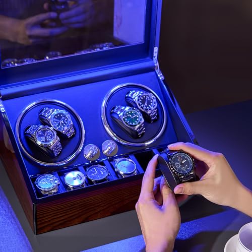 BEWISHOME Watch Winders for Automatic Watches, Automatic Watch Winder Box | Watch Spinner with LED Light,4 Watch Winder with Quiet Running Motor and 6 Storage Case for Man/Woman's Watches, Brown SYQ01Y