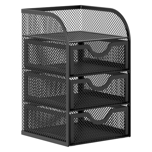 EasyPAG Mesh Desk Organizer with 3 Drawer Office Desktop Organizers and Accessories Stationery Caddy for Office, Home, Students, Black