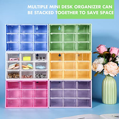 6 Pcs Mini Drawer Organizer Small Organizer with 9 Drawers Plastic Desktop Craft Storage Box for Office Home Room Jewelry Cosmetics Collection(Multicolored)