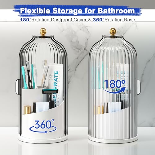 Dustproof Toothbrush Holders with Cover for Bathrooms, Rotating Covered Tooth Brush Holder for Bathroom Counter, Dust Proof Plastic Makeup Brush Holder Organizer with Sliding Lid for Vanity,Grey White