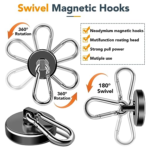 Magnetic Hooks Heavy Duty 110LBS+ Strong Neodymium Magnets | With Swivel Carabiner Hook Black Magnetic Hangers Magnet Hooks for Locker Home Cruise Cabin Office 10 Pack