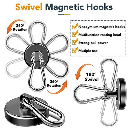 Magnetic Hooks Heavy Duty 110LBS+ Strong Neodymium Magnets | With Swivel Carabiner Hook Black Magnetic Hangers Magnet Hooks for Locker Home Cruise Cabin Office 10 Pack