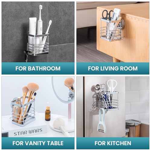 TAILI Patented Suction Cup Toothbrush Holder, Stainless Steel Anti-Puddling Shower Toothbrush Holder, No Drilling Removable Organizer for Bathroom Toothpaste, Razor, Kitchen and Office Items, Silver