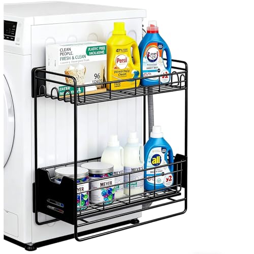 Magnetic Shelves for Washing Machine with Pull Out Shelf, Black Magnetic Sliding Racks for Side of Fridge, Magnetic Laundry Shelf with 5 Hooks, Magnet Laundry Room Organizer