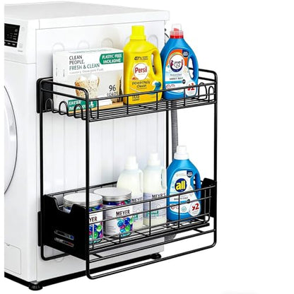 Magnetic Shelves for Washing Machine with Pull Out Shelf, Black Magnetic Sliding Racks for Side of Fridge, Magnetic Laundry Shelf with 5 Hooks, Magnet Laundry Room Organizer