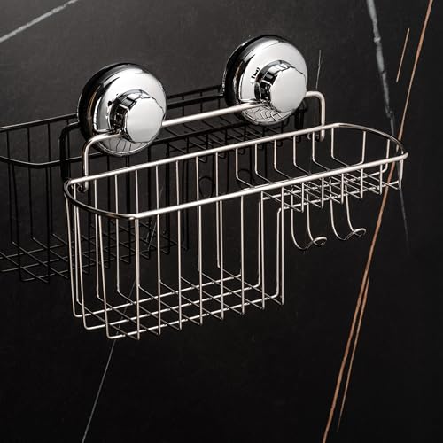 HASKO Suction Cup Shower Caddy Basket for Shampoo, Shower Suction Shelf Organizer, Basket with Soap Holder and Hooks, Stainless Steel Shampoo Holder for Bathroom Storage, Chrome