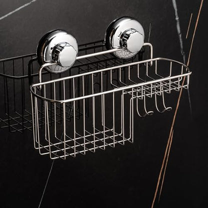 HASKO Suction Cup Shower Caddy Basket for Shampoo, Shower Suction Shelf Organizer, Basket with Soap Holder and Hooks, Stainless Steel Shampoo Holder for Bathroom Storage, Chrome