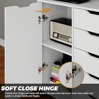 Panana 5-Drawer Chest with 1 Door, Wooden Chest of Drawers Storage Dresser Cabinet with Wheels, Office Organization and Storage, Bedroom Furniture (White-S)