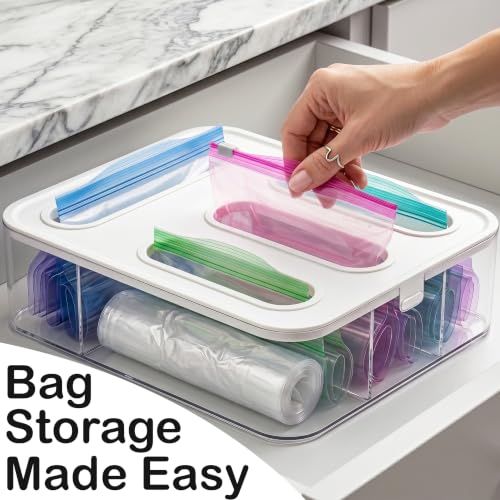 Bag Storage Organizer for Kitchen Drawer, Plastic Bag Container Holder | Quickly & Easily Stores Gallon, Quart, Sandwich, Snack | Space Saving Kitchen Organizer & Baggie Dispenser