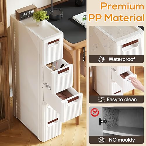 5 Drawers Slim Bathroom Storage Cabinet Dresser, Narrow Plastic Rolling Cart Organizer with Drawers, for Small Spaces, Kitchen, Laundry, Office, Bedroom, White