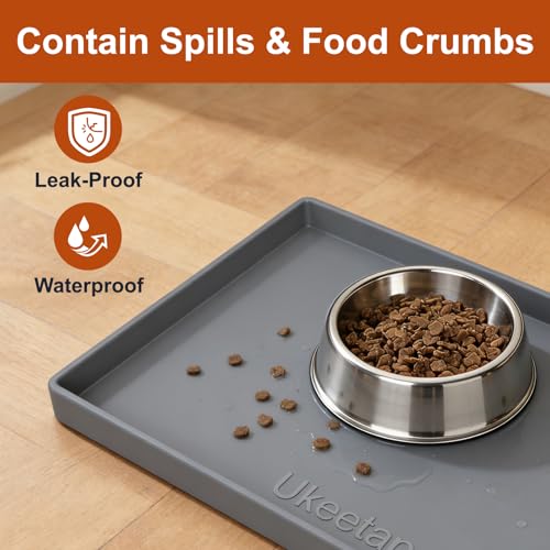 ukeetap 19" x 12" Extra Thick Silicone Mat Waterproof with Raised Edge, BPA Free Non-Slip Dog & Cat Food Mat, Feeding Mat for Food and Water Bowls, Spill Proof Mat to Protect Floors, Gray