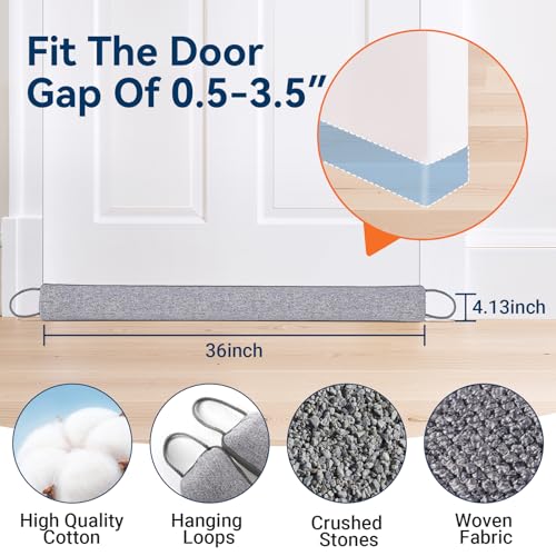 Door Draft Stopper, Heavy Duty Under Door Draft Blocker, Grey | 36’’ Weighted Door Seal, Gap Filler, Door Bottom, For Noise Light Cold Air, with Adhesive Strips, Bedroom Office Kitchen Home