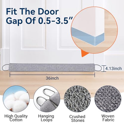 Door Draft Stopper, Heavy Duty Under Door Draft Blocker, Grey | 36’’ Weighted Door Seal, Gap Filler, Door Bottom, For Noise Light Cold Air, with Adhesive Strips, Bedroom Office Kitchen Home
