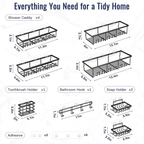 8 Pack Adhesive Rustproof Shower Caddy with Soap Dishes, Toothbrush Holder & Hooks, Large Capacity No-Drilling Shower Shelves Rack for Bathroom Organizers and Storage Accessories, Black