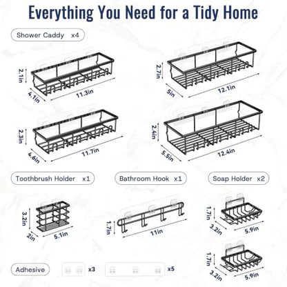 8 Pack Adhesive Rustproof Shower Caddy with Soap Dishes, Toothbrush Holder & Hooks, Large Capacity No-Drilling Shower Shelves Rack for Bathroom Organizers and Storage Accessories, Black