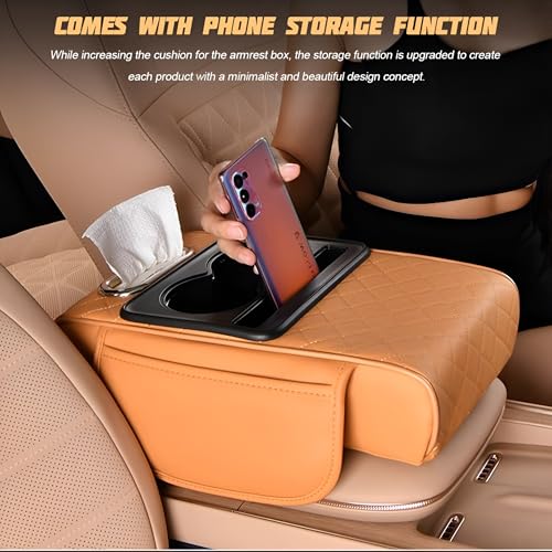Zpana 4 in 1 Car Center Console Armrest Pillow, Memory Foam, Black | Leather Vehicle Arm Rest Cover, with Tissue Box 2 Side Storage Bag Cup & Phone Holder, Universal Fit