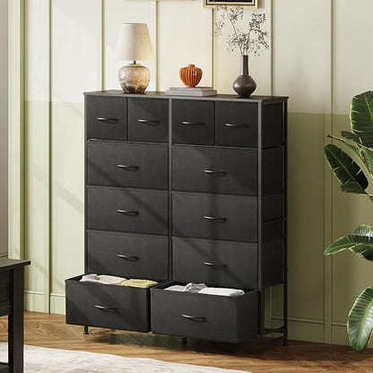 WLIVE 12 Drawer Tall Black Fabric Dresser Bedroom Storage Chestl | Black tall 12-drawer fabric dresser with wood top, modern storage tower for bedroom home office closet living room