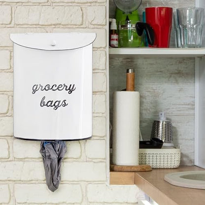 AuldHome Design Rustic Grocery Bag Holder; Wall-Mounted Vintage Enamelware Farmhouse Style Plastic Bag Dispenser for Kitchen or Laundry Room