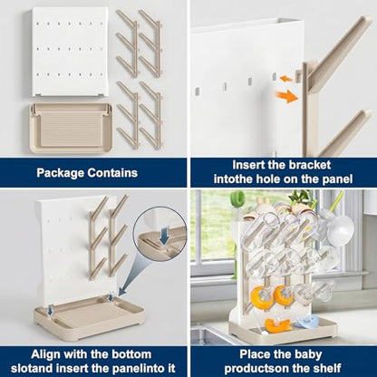 GoMaihe Baby Bottle Drying Rack: Space Saving Vertical Bottle Dryer Holder - Baby Accessories Storage Stand Organize Brushes Pacifiers on Countertop - BPA-Free - Beige