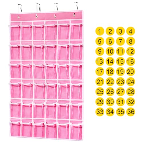 ANSTROUT 36 Clear Pockets Classroom Pocket Chart for Cell Phones, Pocket Chart Organizer for Calculator Holder with 36 Number Sticker Classroom Hanging Cell Phones Organizer (Pink)