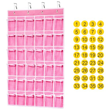 ANSTROUT 36 Clear Pockets Classroom Pocket Chart for Cell Phones, Pocket Chart Organizer for Calculator Holder with 36 Number Sticker Classroom Hanging Cell Phones Organizer (Pink)