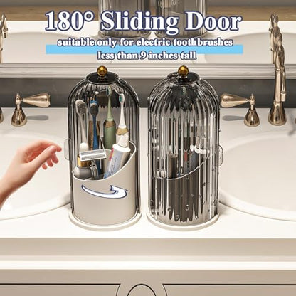 Toothbrush and Toothpaste Holders with Cover, Grey White | Waterproof and Dustproof, 360° Rotating Base, Smooth Sliding Door, 3 Slots, for Bathroom Countertop