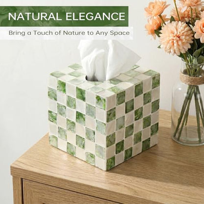 Capiz Tissue Box Cover, Square Decorative Tissue Holder with Bottom Slider, Handmade Checkered Cube Tissue Box Cover for Bathroom Vanity,Office or Bedroom,Green