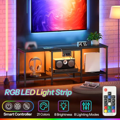 HOOBRO TV Stand with Charging Station to 55 Inches, LED Entertainment Center, Media TV Console Table with Open Storage Shelving for Living Room, Bedroom, Black BB122UDDS01