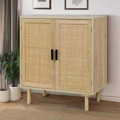 Finnhomy Sideboard Buffet Cabinet, Kitchen Storage Sideboard with Rattan Decorated Doors, Liquor Coffee Buffet, Dining Room, Hallway, Console Table, Accent Cabinet, 31.5X 15.8X 34.6 Inches, Natural
