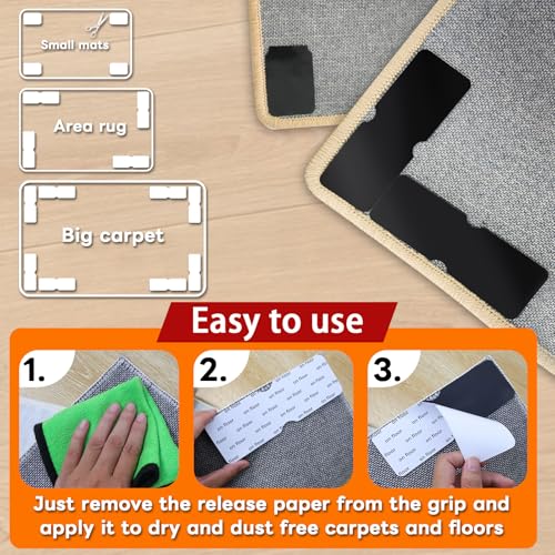 Rug Non Slip Grippers, Reusable Rug Tape Pads for Hardwood Floors, Laminate Floor, Tiles, No Residue on Flooring, Corner Grippers Carpet Tape for Area Rugs, Keep Corners Flat (12)