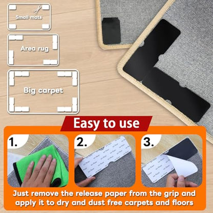 Rug Non Slip Grippers, Reusable Rug Tape Pads for Hardwood Floors, Laminate Floor, Tiles, No Residue on Flooring, Corner Grippers Carpet Tape for Area Rugs, Keep Corners Flat (12)