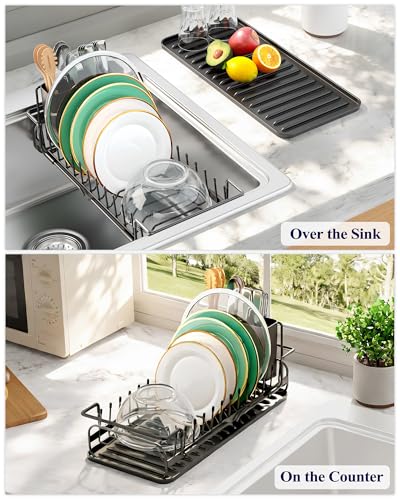 Kitsure Expandable Dish Rack for Kitchen Counter, Medium, Black | Over Sink Or In Sink Dish Drying Rack, Dish Drainer with Cutlery Holder & Drip Tray, 14.0"-20.9"L x 6.3"W x 8.0"H