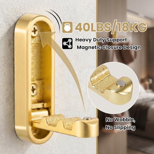Foldable Wall Hooks, Hold 40lbs, Magnetic Lock Zinc Alloy Gold 4Pcs | Folding coat hooks for towels, coats, bags. Rustproof zinc alloy, screw mount. Space-saving for bathroom, kitchen, entryway.