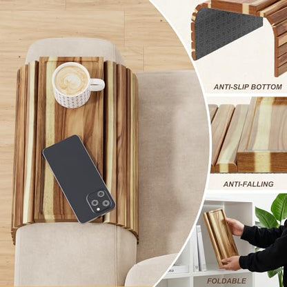 ZUJJAFY Sofa Arm Tray, Acacia Wood Folding Couch Armrest Table, Anti-Falling Armrest Tables Cup Holder for Snacks, Drinks, Beers, Phone, Control, Flexible and Portable, Anti-Slip Bottom