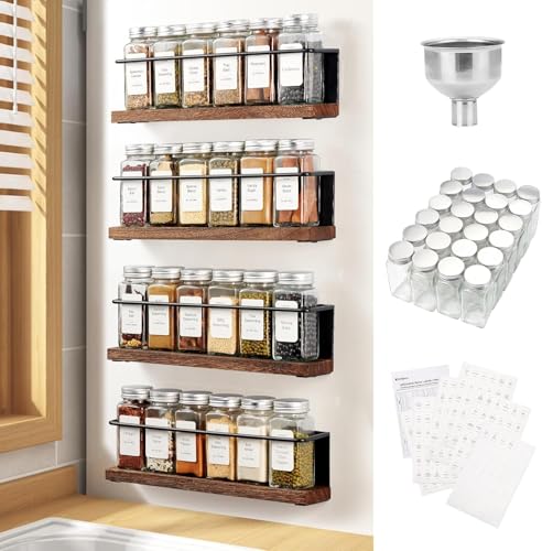 Magnetic Spice Rack with 24 Jars, 216 Labels, 1 Steel Funnel for Refrigerator，Microwave Oven - Full Set of Spice Organizer