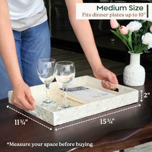 15.8" x 11.8" Capiz Shell Decorative Tray, Coastal Serving Tray | Natural Capiz Shell Inlaid, Fish-Scale Pattern, White Tray. Handmade Rectangular Serving Tray With Handles For Coffee Table