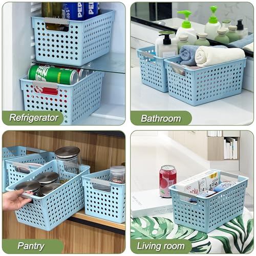 4 Pack Plastic Storage Basket with Handles, Small... (Blue | Plastic)