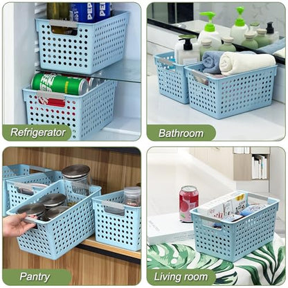 4 Pack Plastic Storage Basket with Handles, Small... (Blue | Plastic)