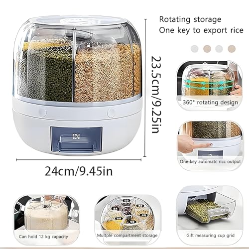 Rotating Grain Storage Bin 6 Grids Rice Container One-Click Output Large Capacity Food Dispenser For Rice Grains Sealed Moisture Proof Organizer (Grey) (Small)