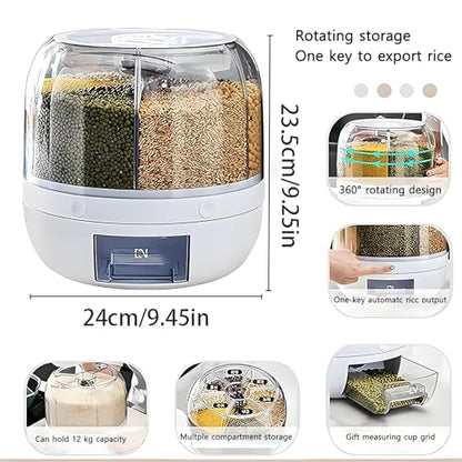 Rotating Grain Storage Bin 6 Grids Rice Container One-Click Output Large Capacity Food Dispenser For Rice Grains Sealed Moisture Proof Organizer (Grey) (Small)