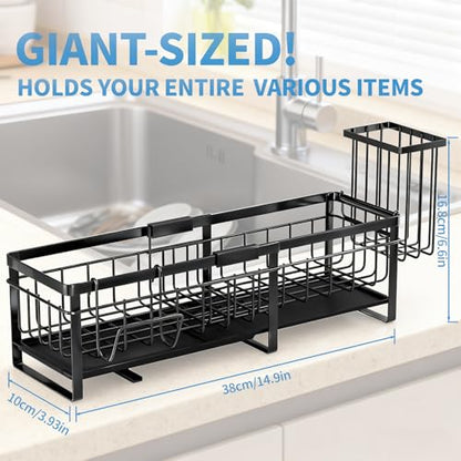 Extra Large Extendable Sponge Holder for Kitchen Sink Caddy Organizer | Rustproof Sink Caddy Organizer with High Brush Holder, Dish Soap Dispenser Organizers and Storage (Black)