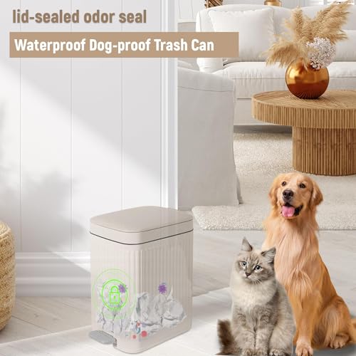Small Bathroom Trash Can with Lid, 1.9 Gallon Slim Soft Close Step, Cream | Garbage Can with Pedal for Office, Bedroom, Kitchen & Living Room, Narrow Plastic Wastebasket Container for Small Spaces