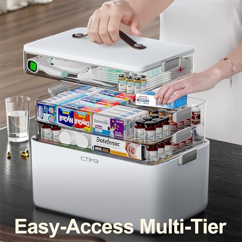 CTIME 4-Tier Medicine Organizer - Portable Medicine Cabinet with Handle | Multipurpose Medical Box, Pill Organizer, Empty First Aid Kit for Home Organization Must