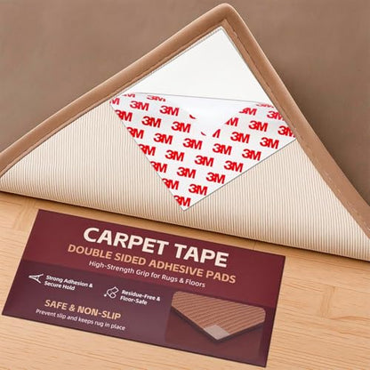 12PC Carpet Tape Double Sided, Heavy Duty Rug Tape for Hardwood Floors, Non-Slip Carpet Adhesive Tape for Area Rugs, Strong Grip