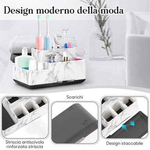 Detachable Toothbrush and Toothpaste Holder for Bathroom Countertop | Large Bathroom Organizer Storage Anti-Slip for Shower, Kitchen, Kids, Family, Multifunction Toothbrush Holders Marble Silver