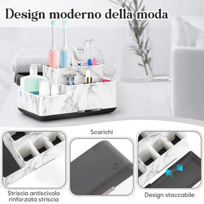 Detachable Toothbrush and Toothpaste Holder for Bathroom Countertop | Large Bathroom Organizer Storage Anti-Slip for Shower, Kitchen, Kids, Family, Multifunction Toothbrush Holders Marble Silver
