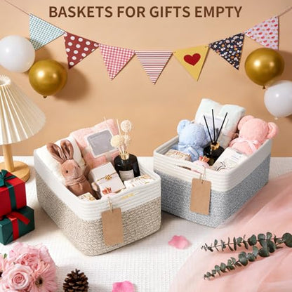 Goodpick 4 Pack Storage Baskets for Organizing Shelves, Light Brown & White | 13" x 8" x 6" Woven Rope Baskets for Baby Toys & Diapers, Decorative Gift Basket for Home & Nursery, Rectangle Design