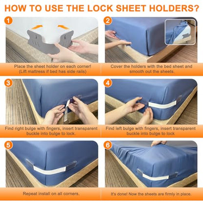 Bed Sheet Holders for Corners, Heavy Duty Fitted Sheet Holder with Lock Fastener Straps &Anti-Slip Pads Keep Sheets Firm&Tight, No More Loose Sheets, Easy Installation for Any Mattress Sizes(Set of 4)