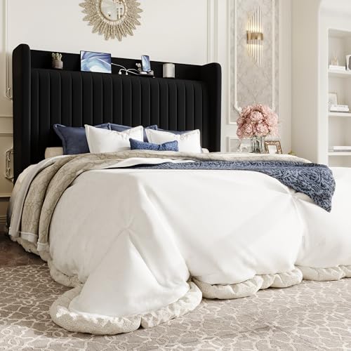 Queen Size Velvet Bed Frame with Shelf, Charging S... (Black | Fabric)