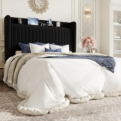 SHA CERLIN Queen Size Velvet Bed Frame with Shelf, Charging Station, Black